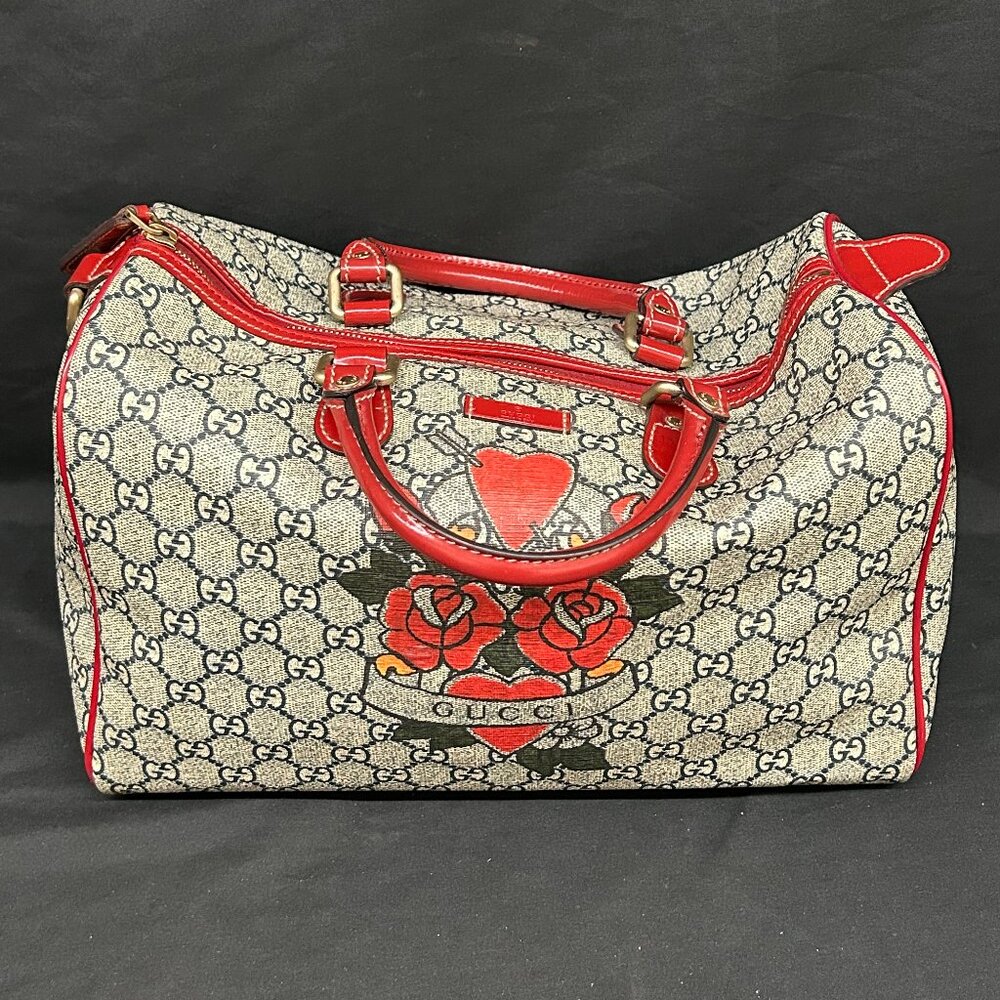 Gucci Boston Joy Tattoo Print Red w/ Blue GG Plus Handbag Bag Purse 189895